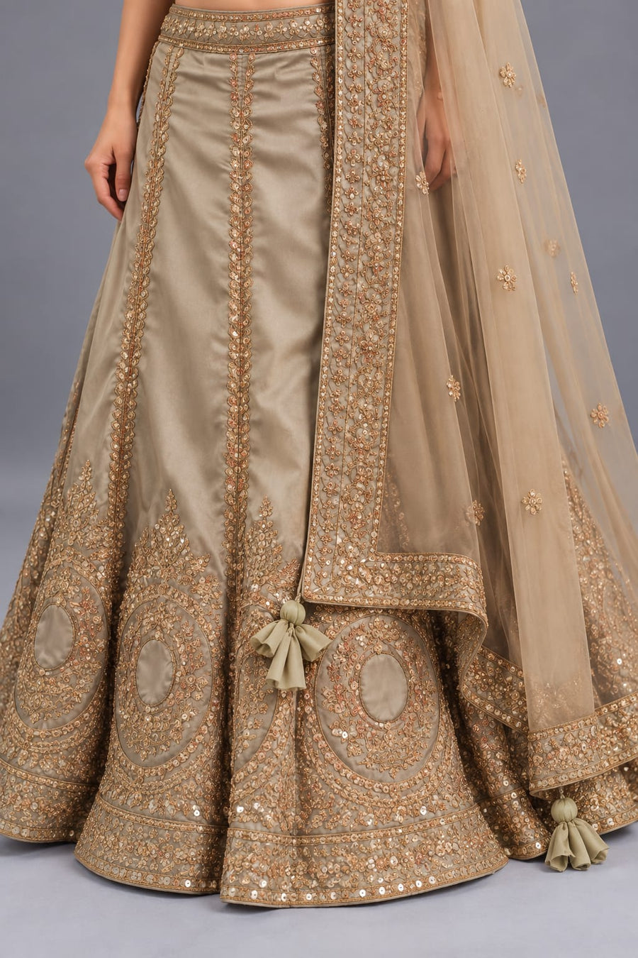 Champagne Gold Embroidered Lehenga Choli with Dupatta for Women in Silk