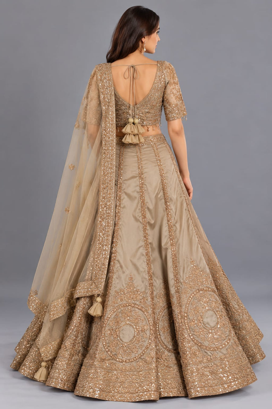 Champagne Gold Embroidered Lehenga Choli with Dupatta for Women in Silk