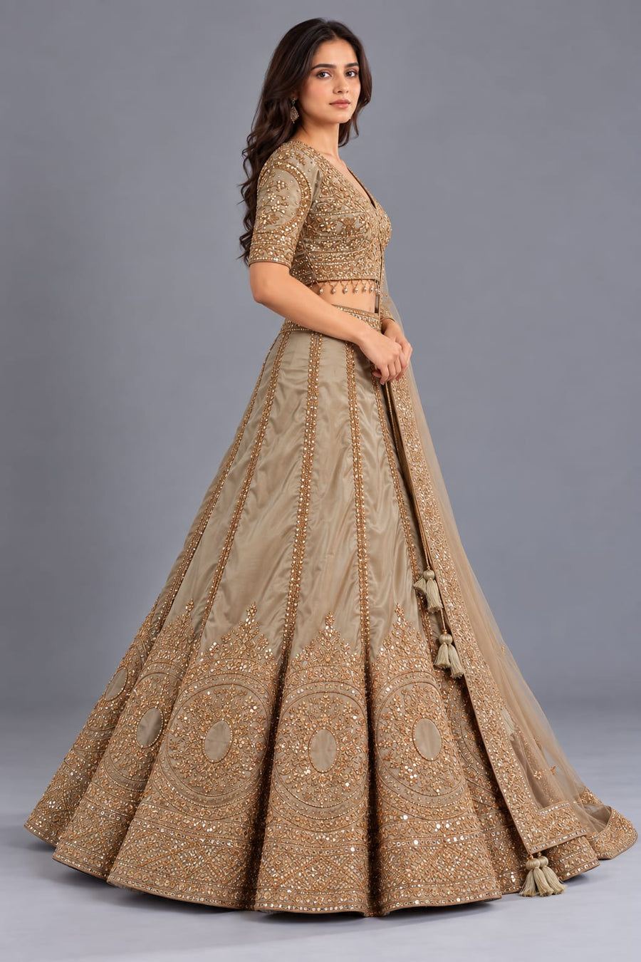 Champagne Gold Embroidered Lehenga Choli with Dupatta for Women in Silk