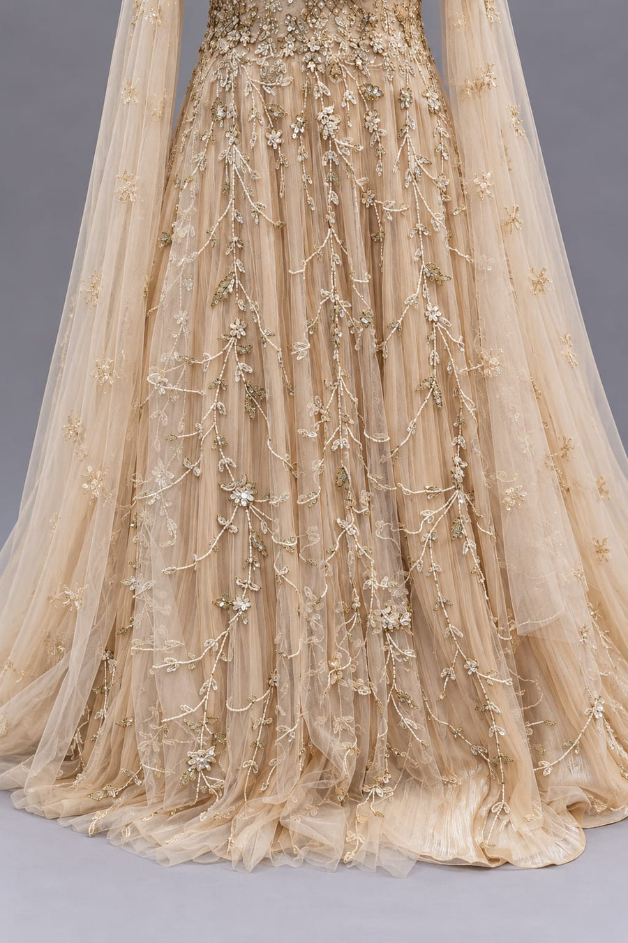Champagne Gold Embroidered Net Gown with Choker Dupatta