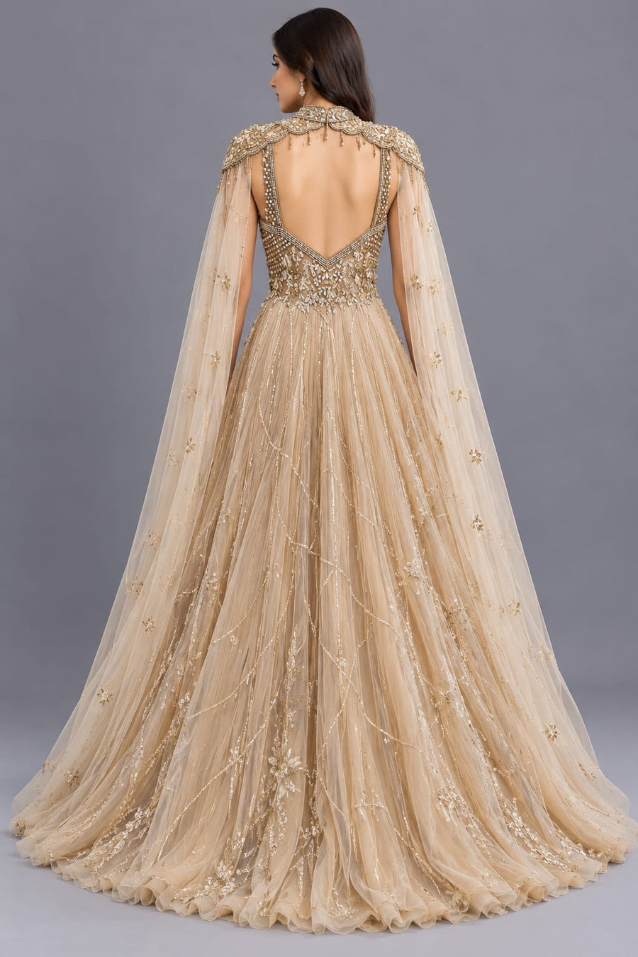 Champagne Gold Embroidered Net Gown with Choker Dupatta
