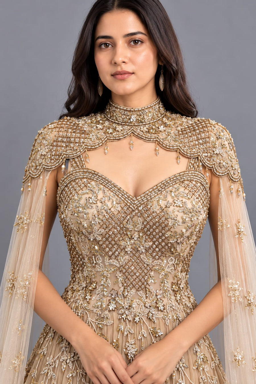 Champagne Gold Embroidered Net Gown with Choker Dupatta