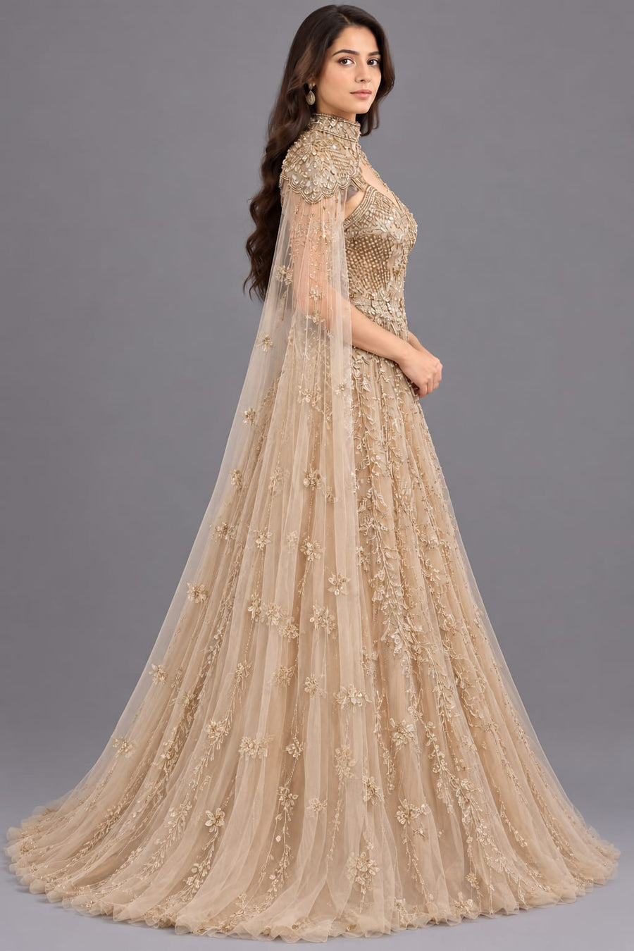 Champagne Gold Embroidered Net Gown with Choker Dupatta