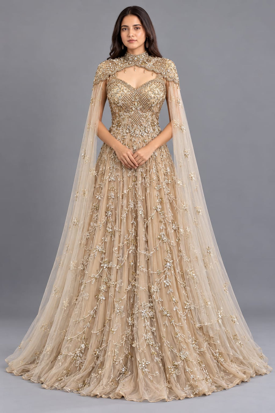 Champagne Gold Embroidered Net Gown with Choker Dupatta