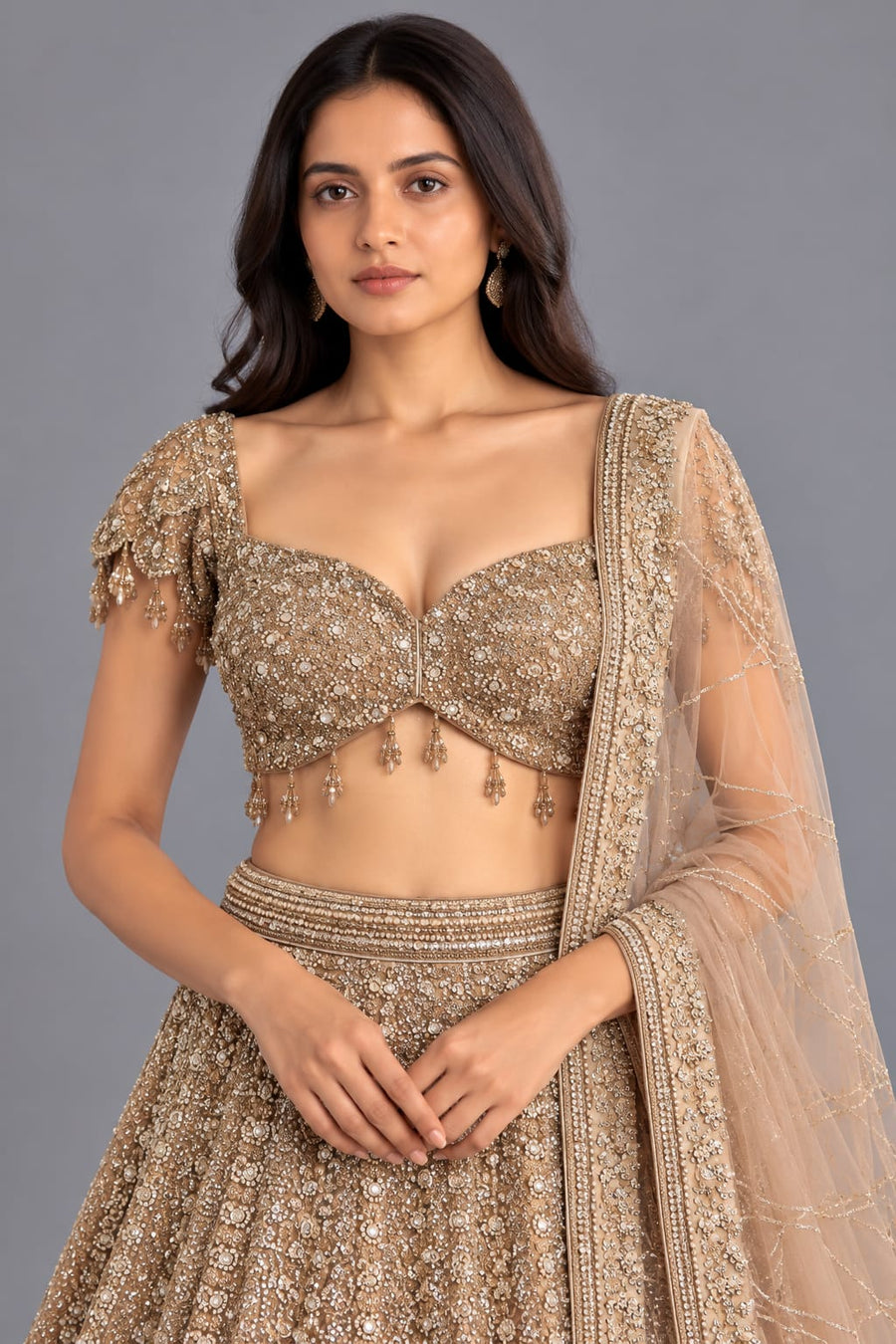 Champagne Gold Heavy Embroidered Lehenga with Net Dupatta
