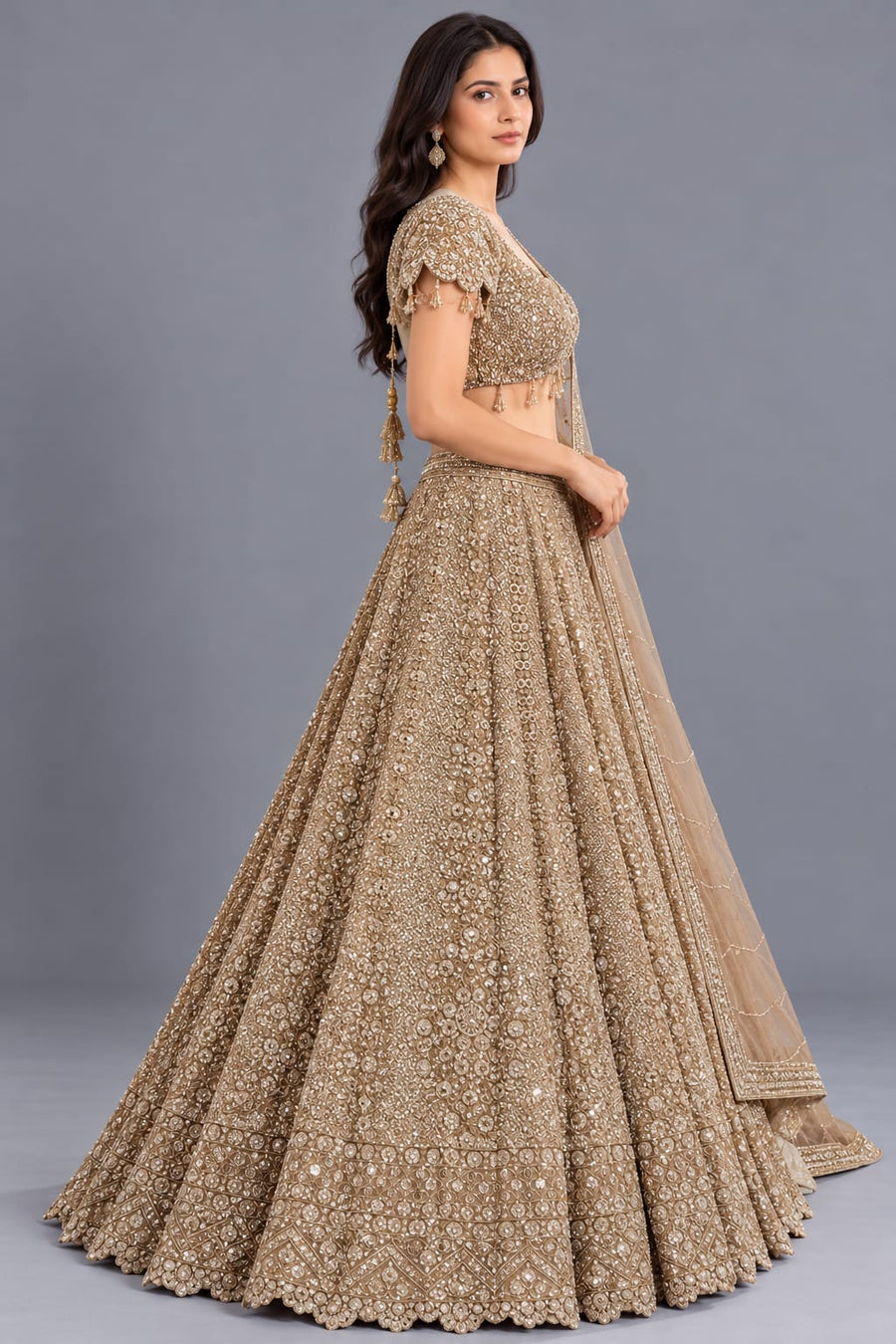 Champagne Gold Heavy Embroidered Lehenga with Net Dupatta