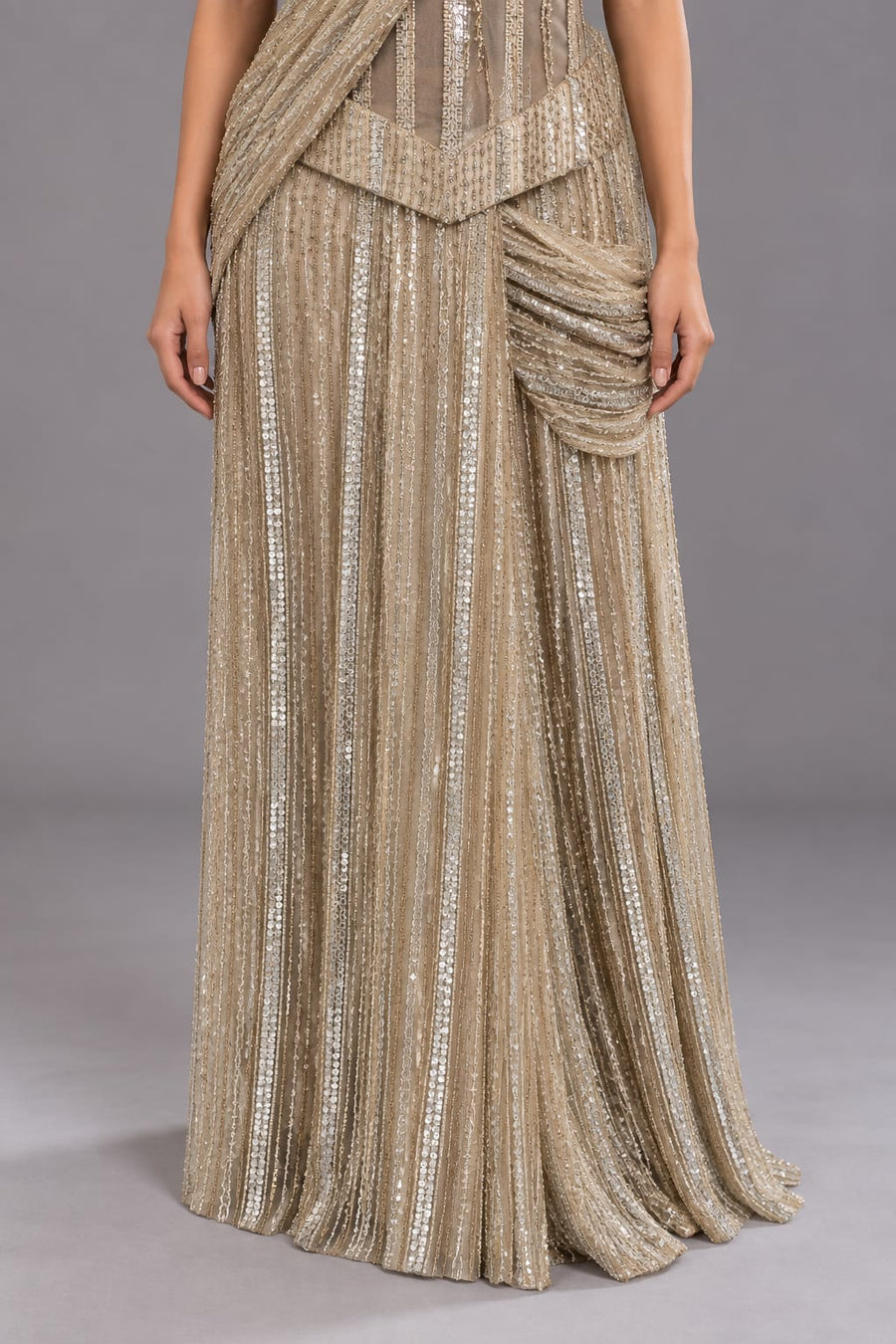 Champagne Gold Sequin Embellished Drape Saree Gown for Women | Vastrachowk