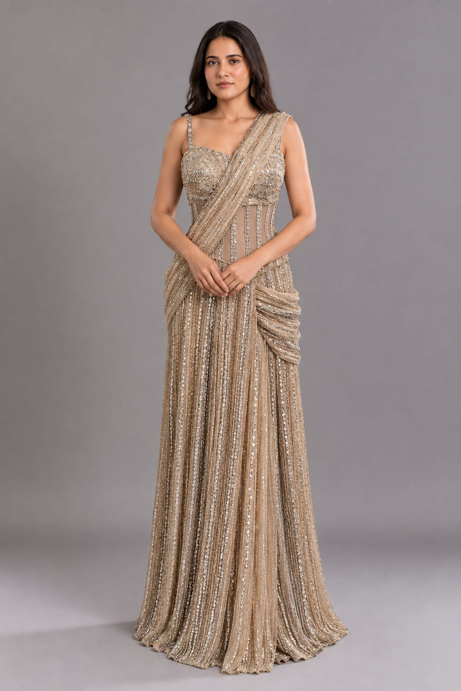 Champagne Gold Sequin Embellished Drape Saree Gown for Women | Vastrachowk