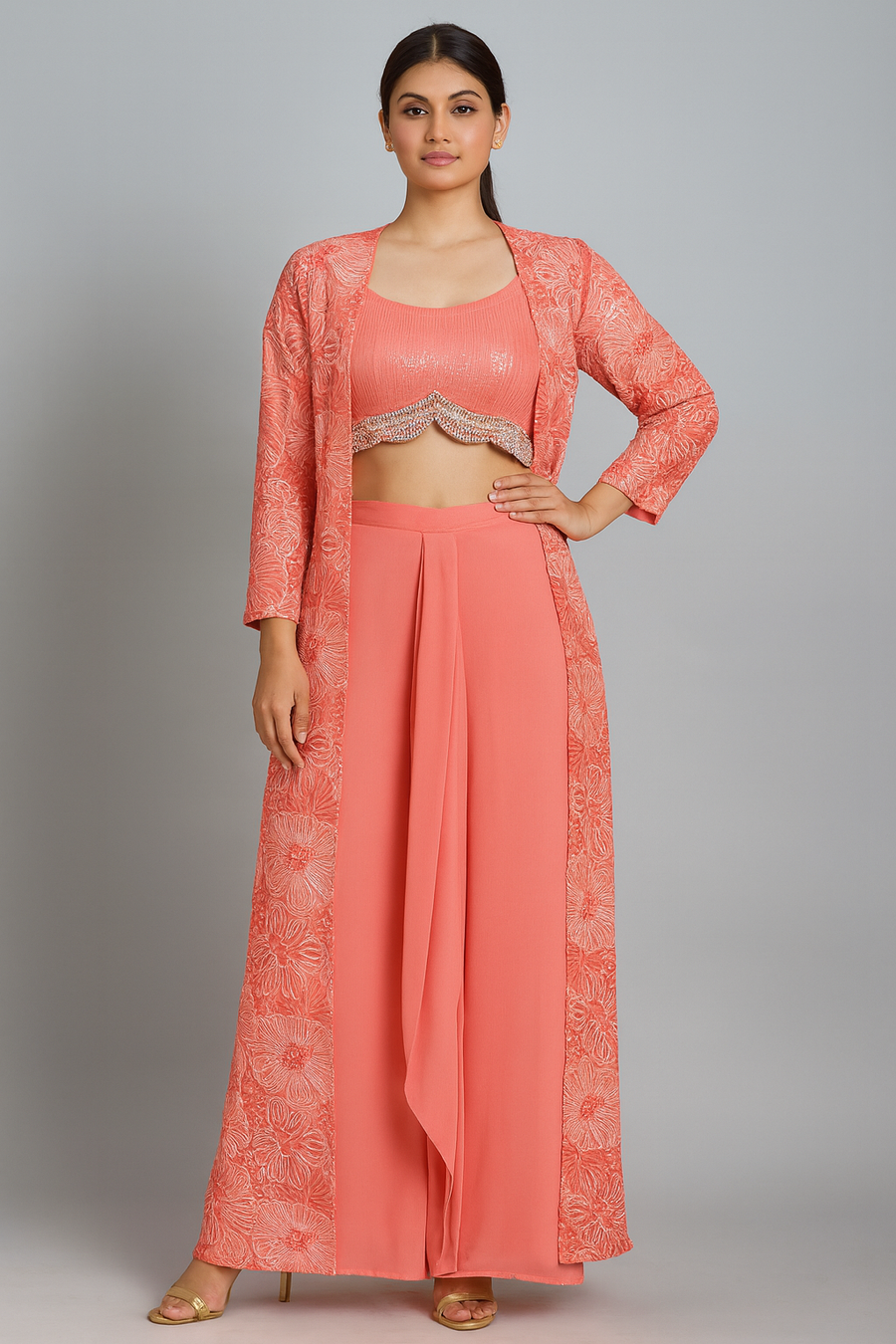 Pink Crop Top Dhoti with Jacket