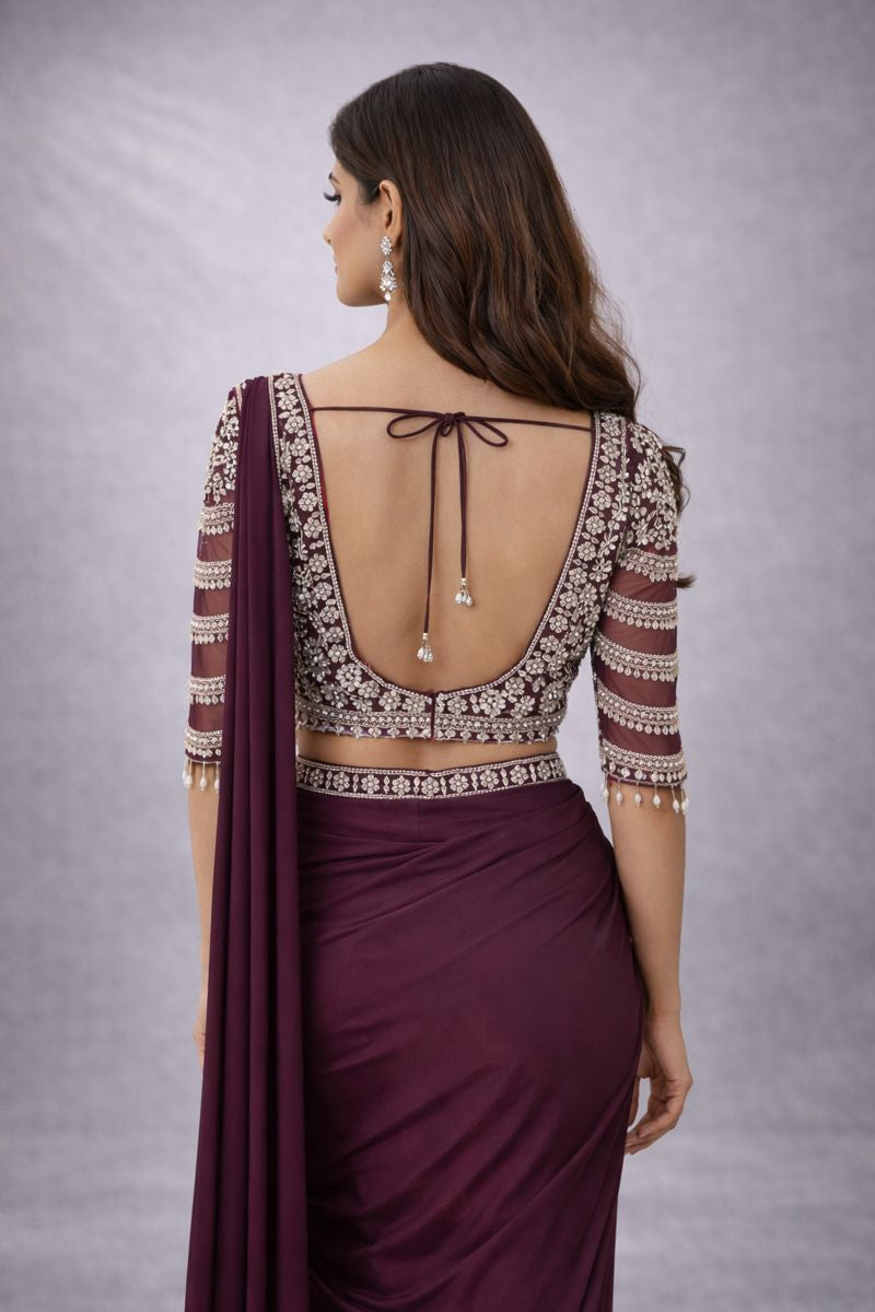 wine drape saree back pose