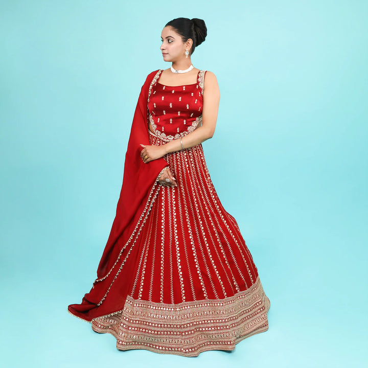 Cherry Georgette Crop Top Skirt with Dupatta