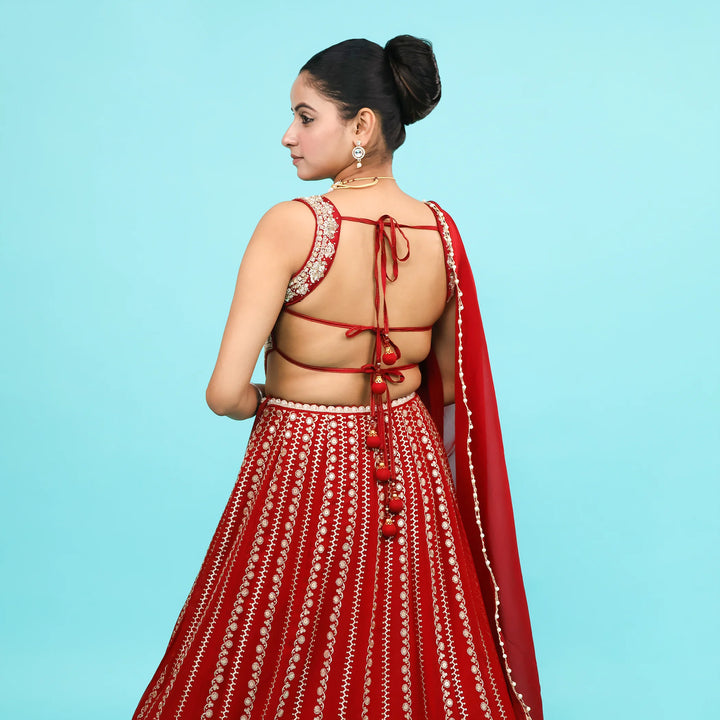 Cherry Georgette Crop Top Skirt with Dupatta Vastrachowk