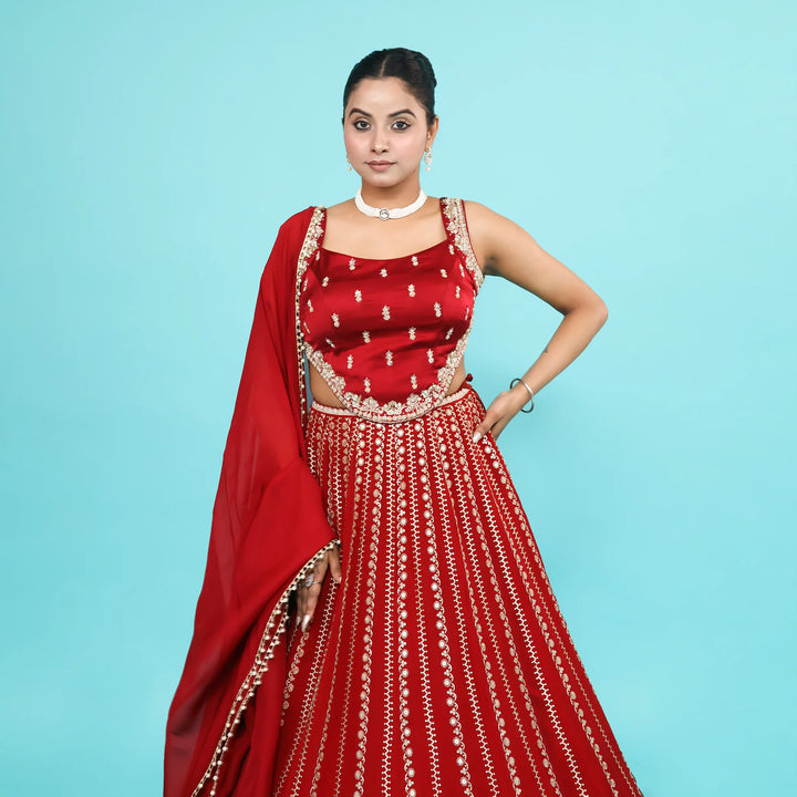 Cherry Georgette Crop Top Skirt with Dupatta Vastrachowk