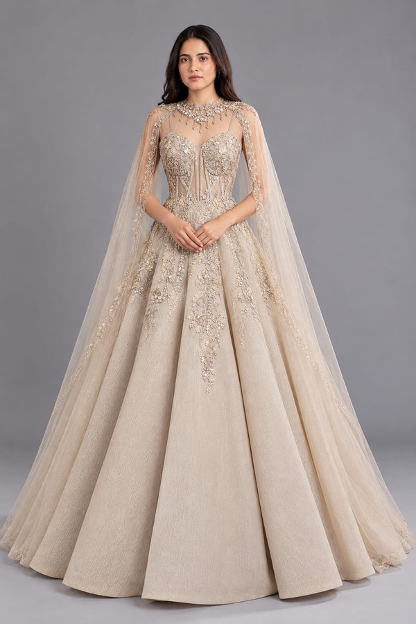 Chiku Embroidered A-Line Gown with Corset Bodice & Cape Sleeves