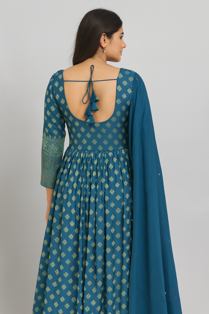 Choli Cut Anarkali Gown blue back profile