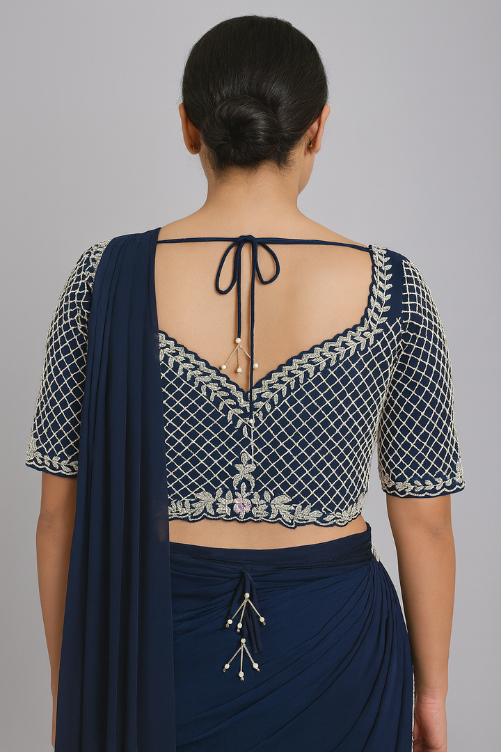 Classic Blue Drape Saree back profile