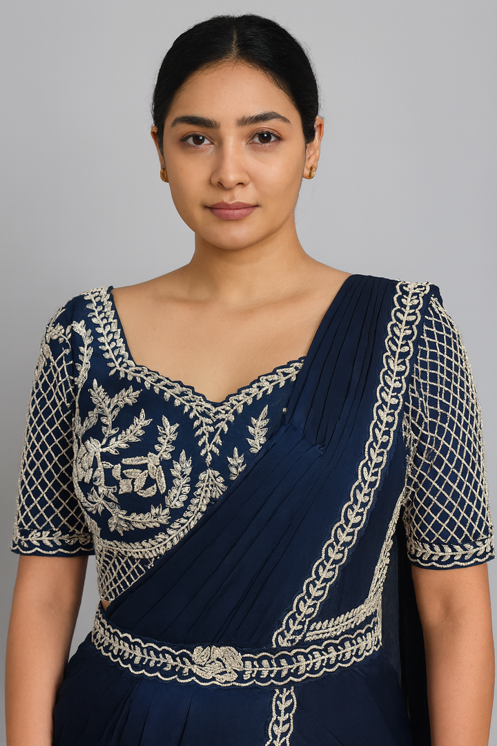 Classic Blue Drape Saree close profile