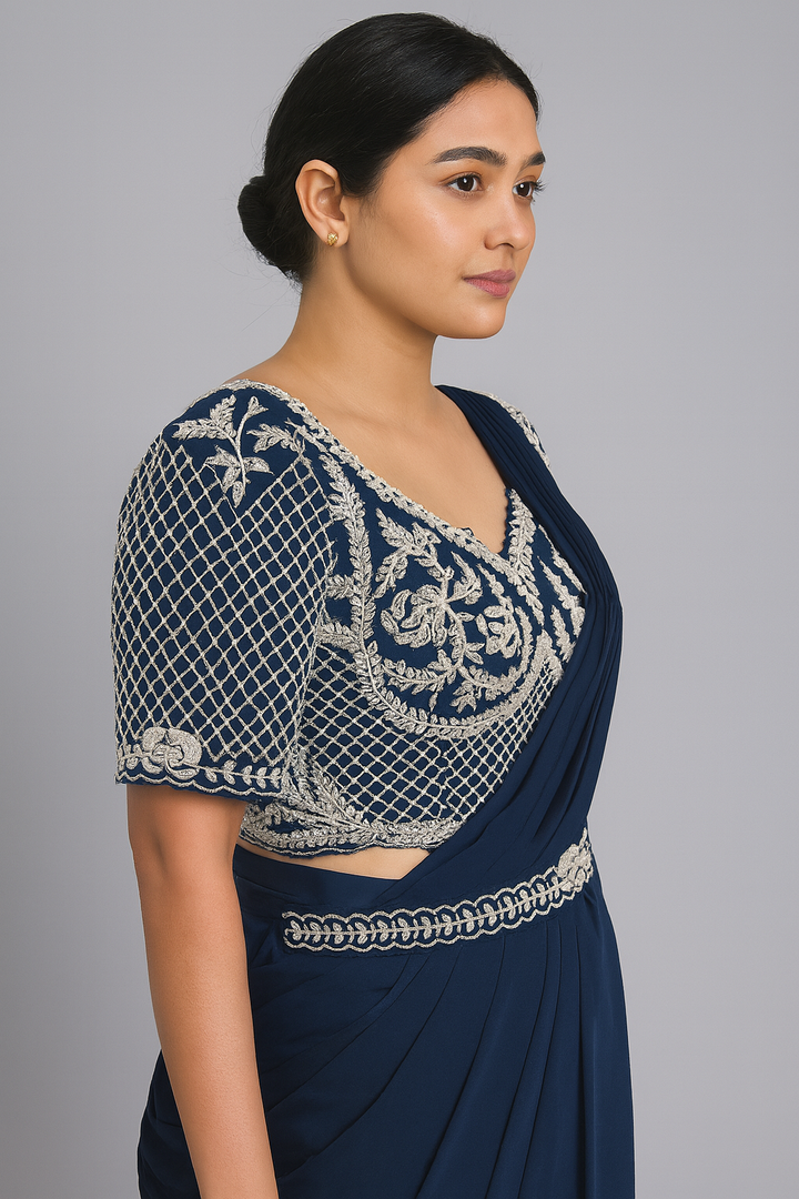 Classic Blue Drape Saree side profile