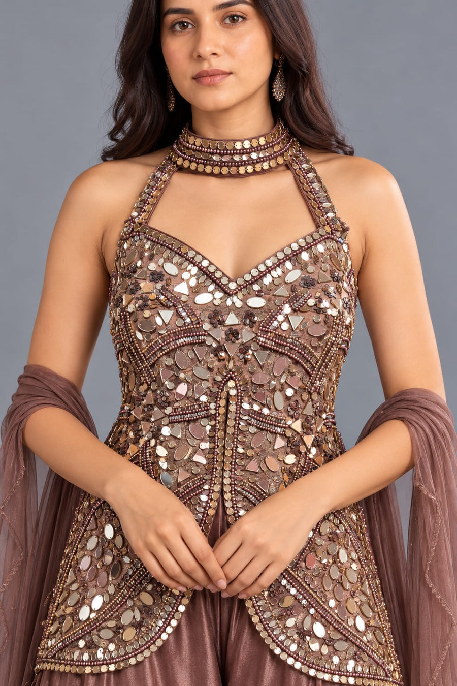 Brown Mirror Work Peplum Palazzo Set with Choker Dupatta for Women