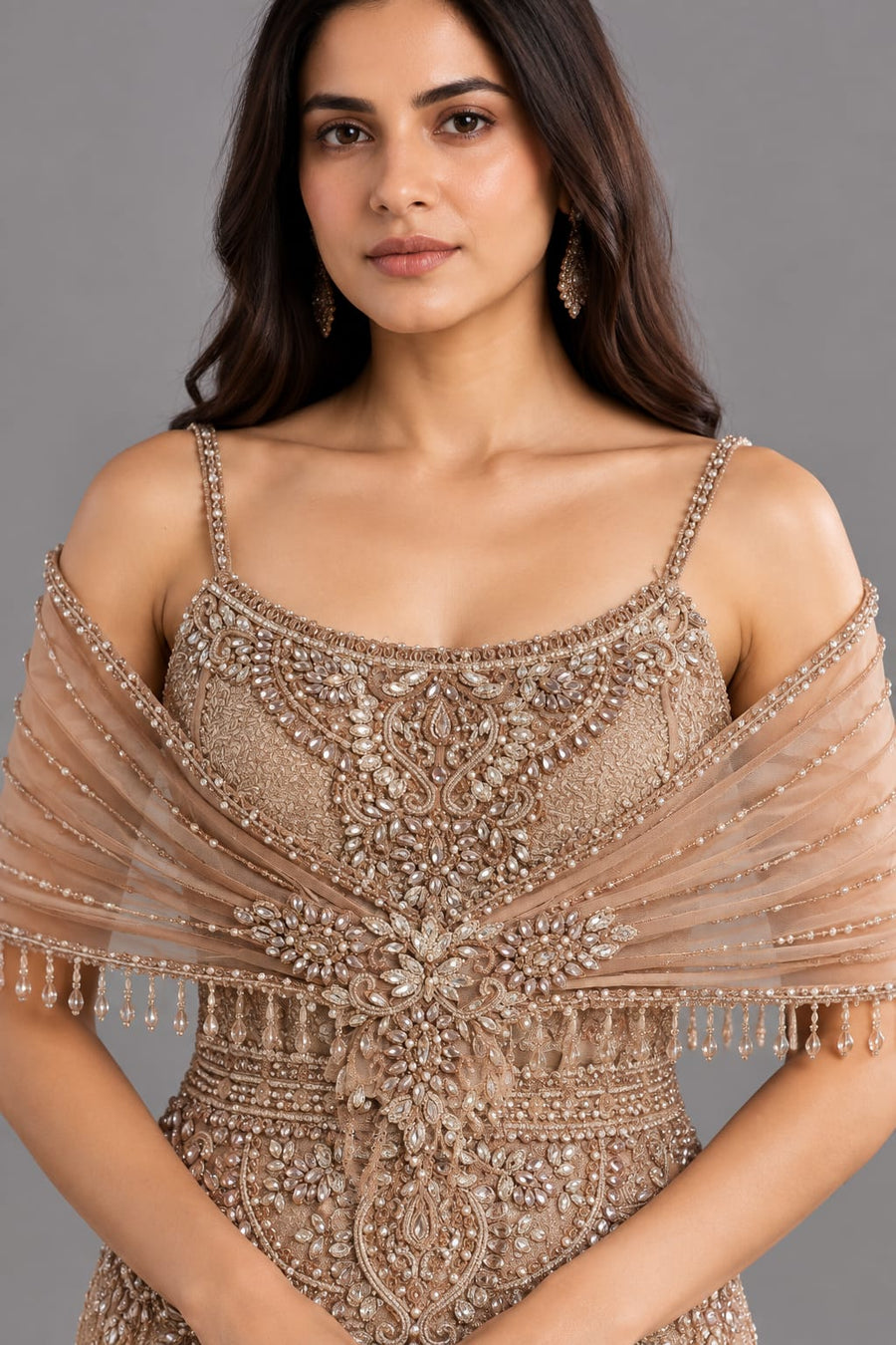 Champagne Gold Embroidered Fishcut Gown with Off-Shoulder Dupatta