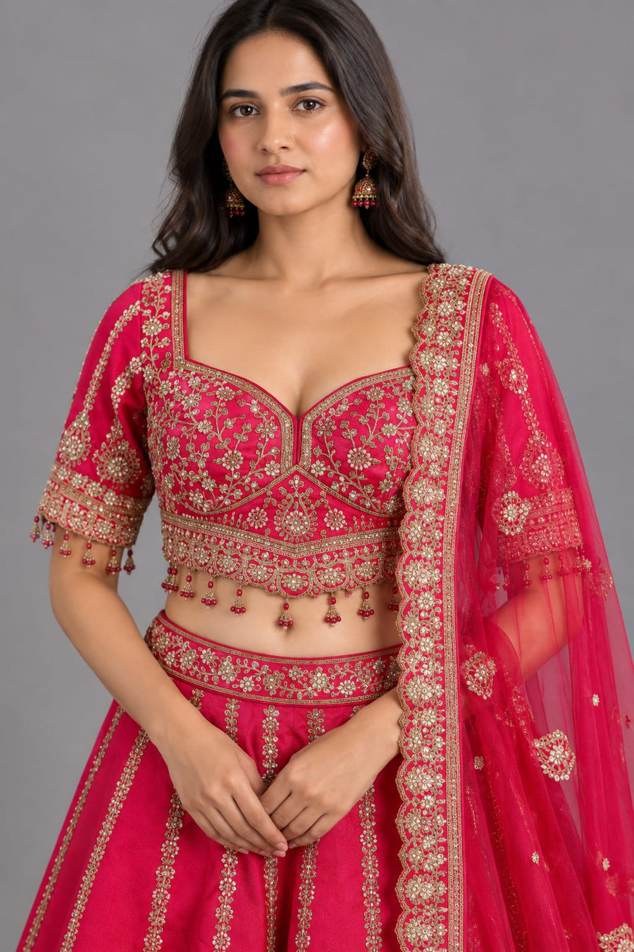 Rani Pink Embroidered Lehenga with Heavy Work & Net Dupatta
