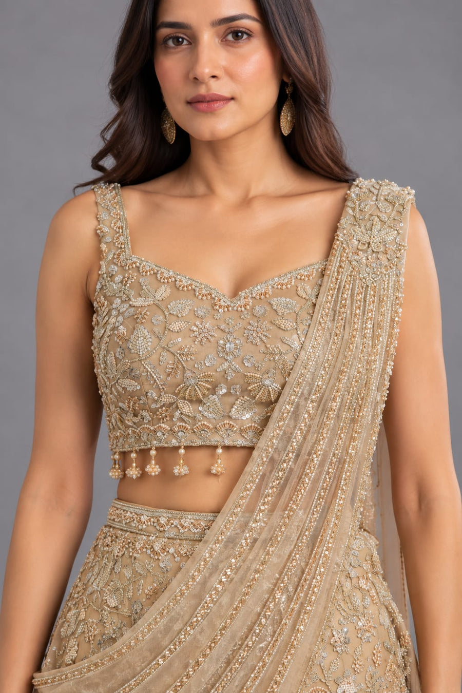 Champagne Embroidered Fishcut Lehenga with Draped Dupatta for Women