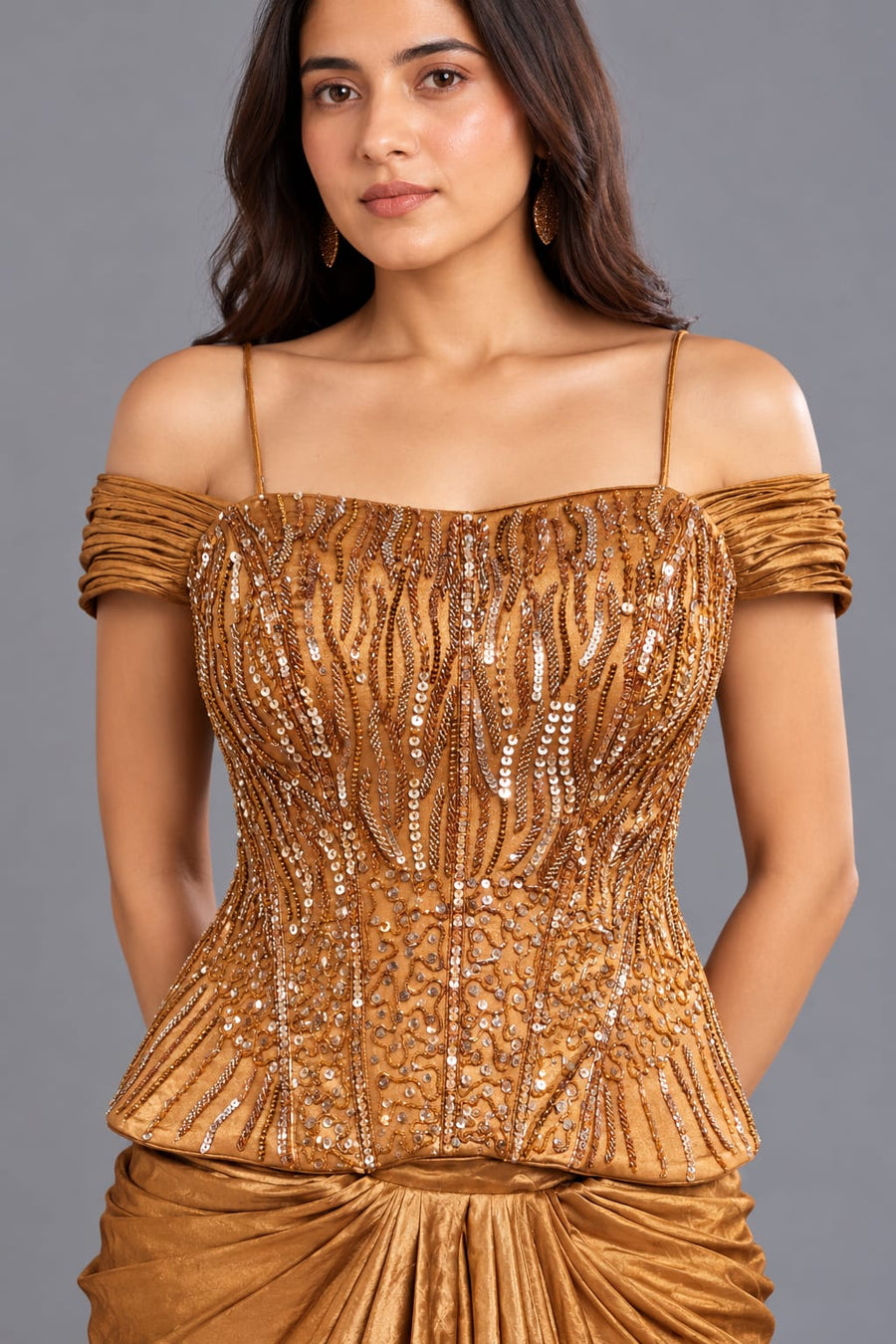 Copper Embellished Corset Top with Draped Dhoti Style Skirt