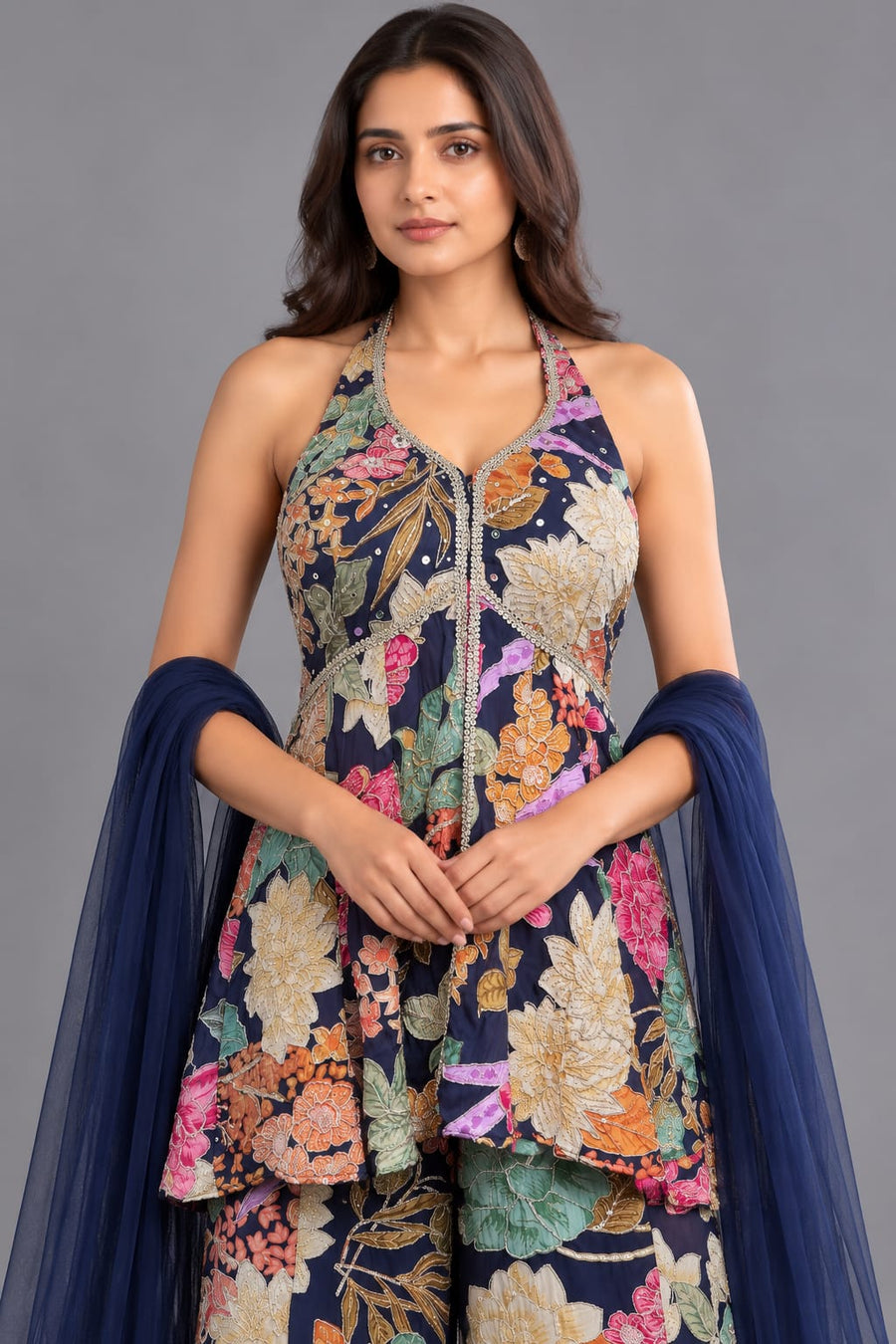 Floral Sharara Set with Halter Peplum & Dupatta for Women