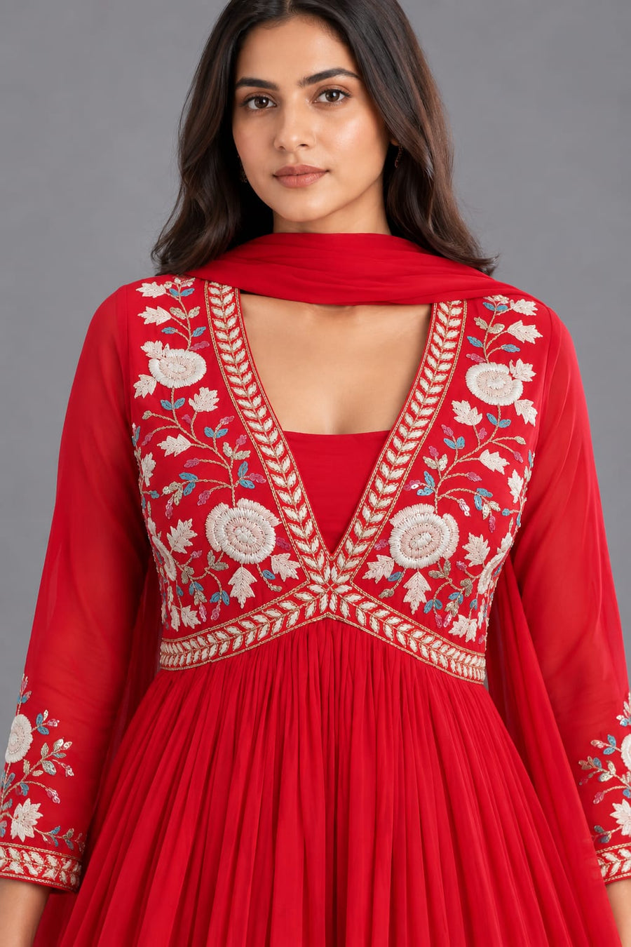 Red Embroidered Anarkali Gown with Dupatta for Women Festive Wear
