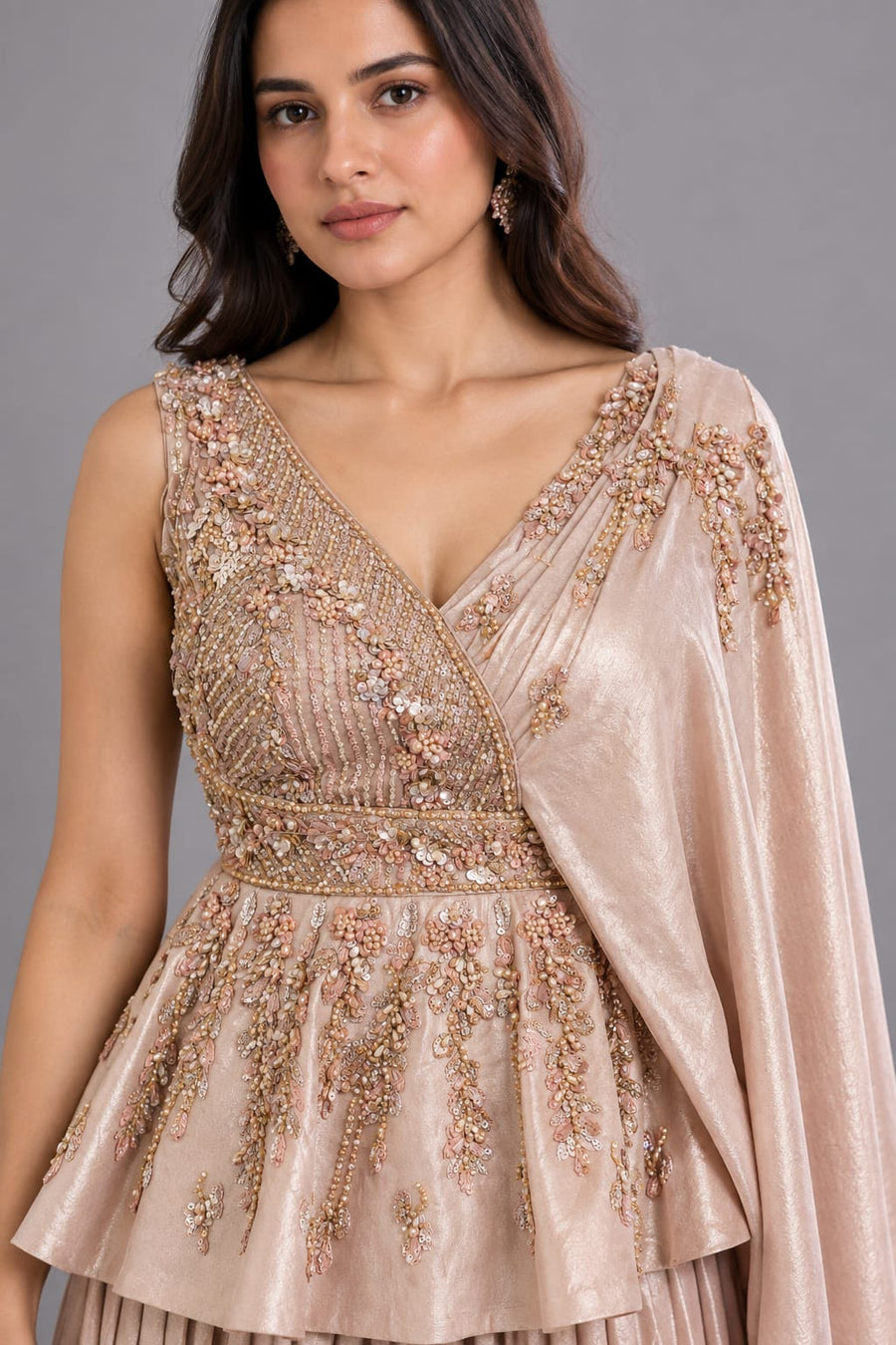 Champagne Embellished Peplum Drape Gown for Women Party Wear