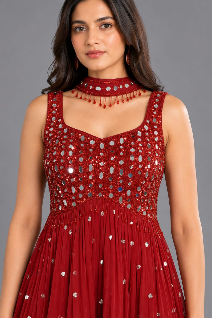 Red Mirror Work Peplum Sharara Set with Choker Dupatta for Women