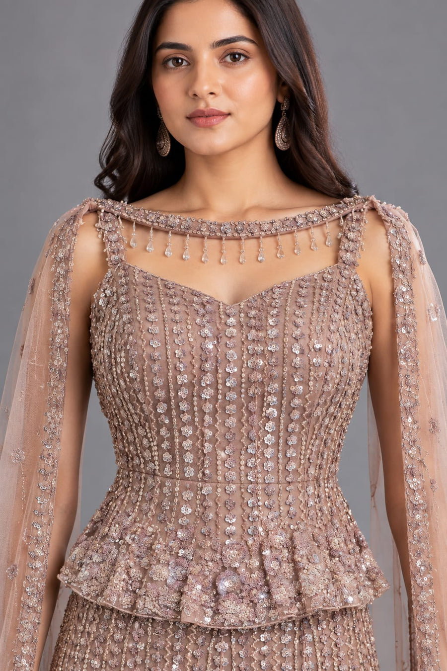 Rose Gold Fishcut Lehenga with Sequin Work for Sangeet Function