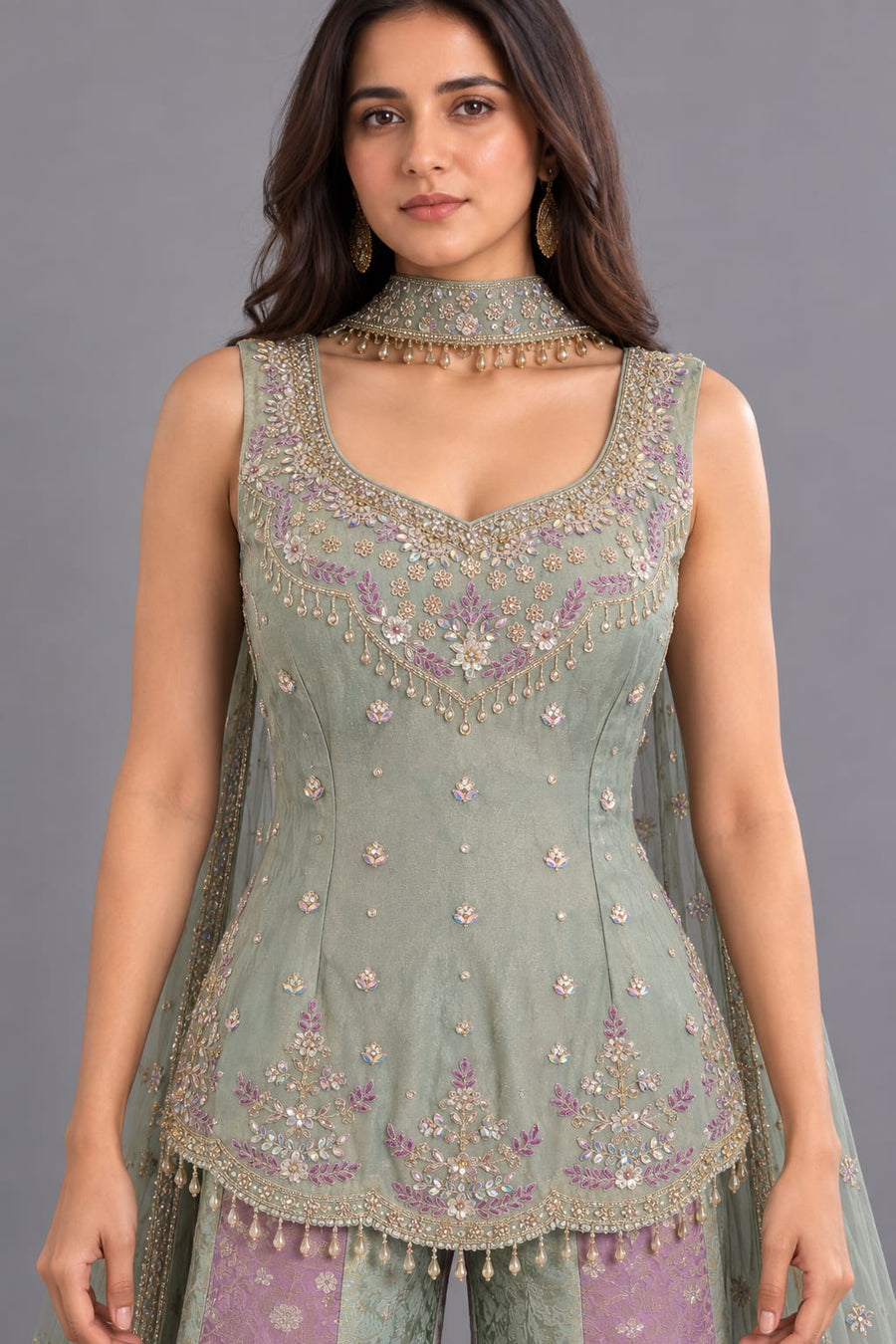 Sage Green & Lavender Embroidered Palazzo Suit with Dupatta