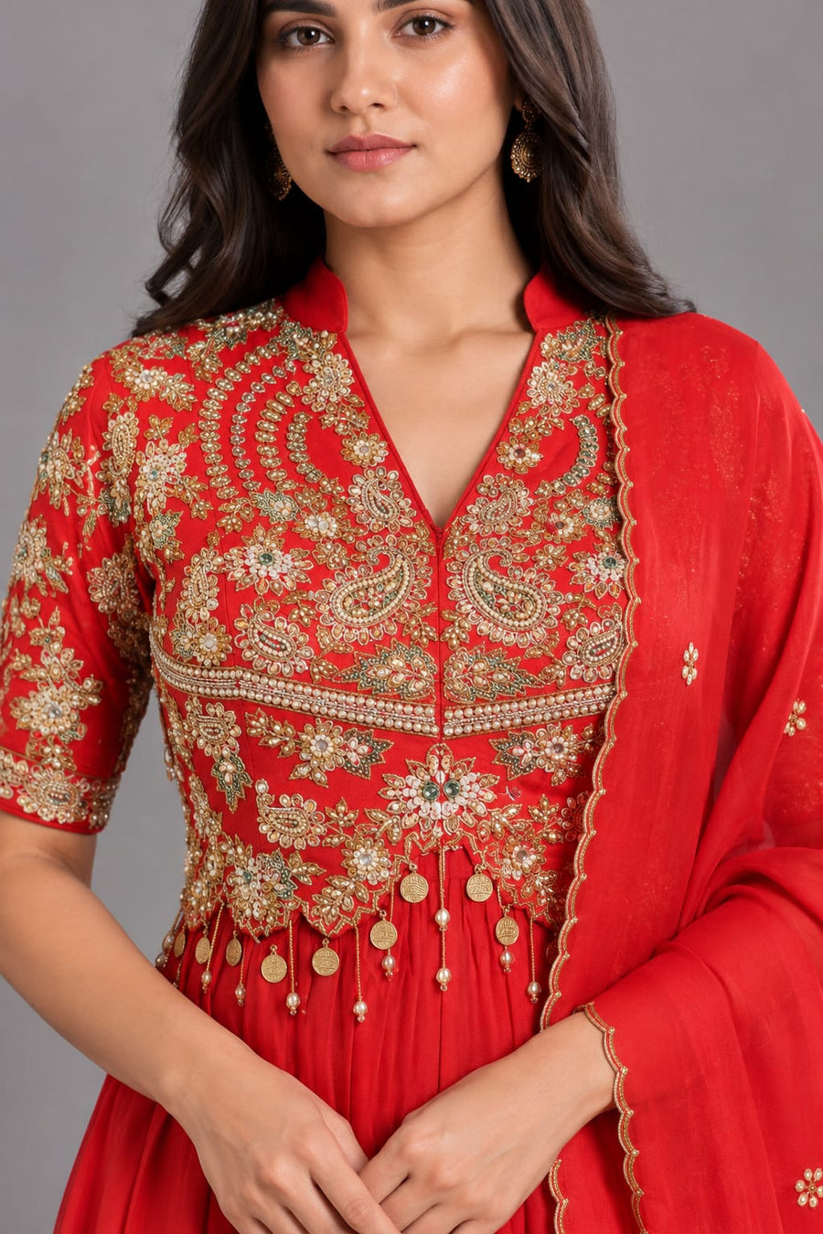 Red Embroidered Anarkali Gown with Dupatta for Women Festive Wear