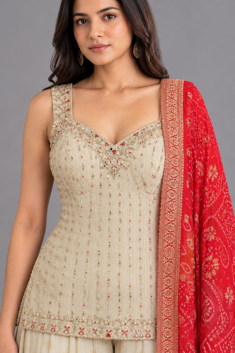Ivory Embroidered Sharara Suit with Red Dupatta for Wedding Wear
