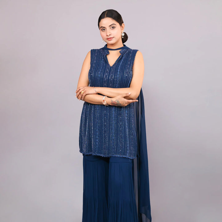 Collar Straight Shirt with Sharara & Choker Dupatta Vastrachowk