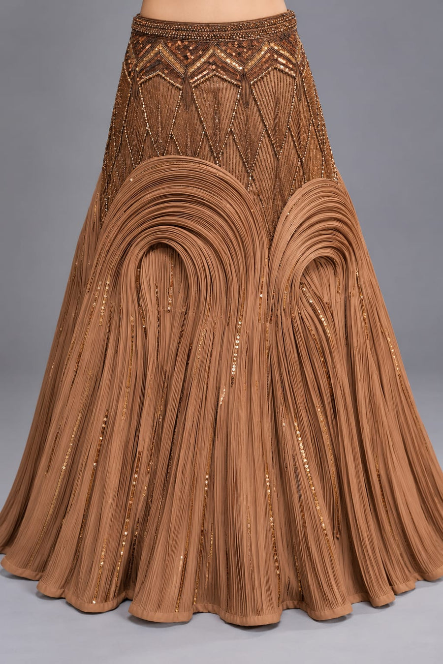Copper Brown Designer Lehenga Choli with Sequin Work and Draped Skirt