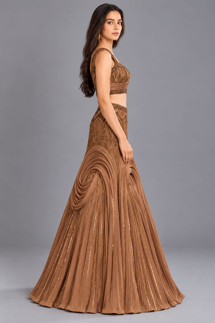 Copper Brown Designer Lehenga Choli with Sequin Work and Draped Skirt