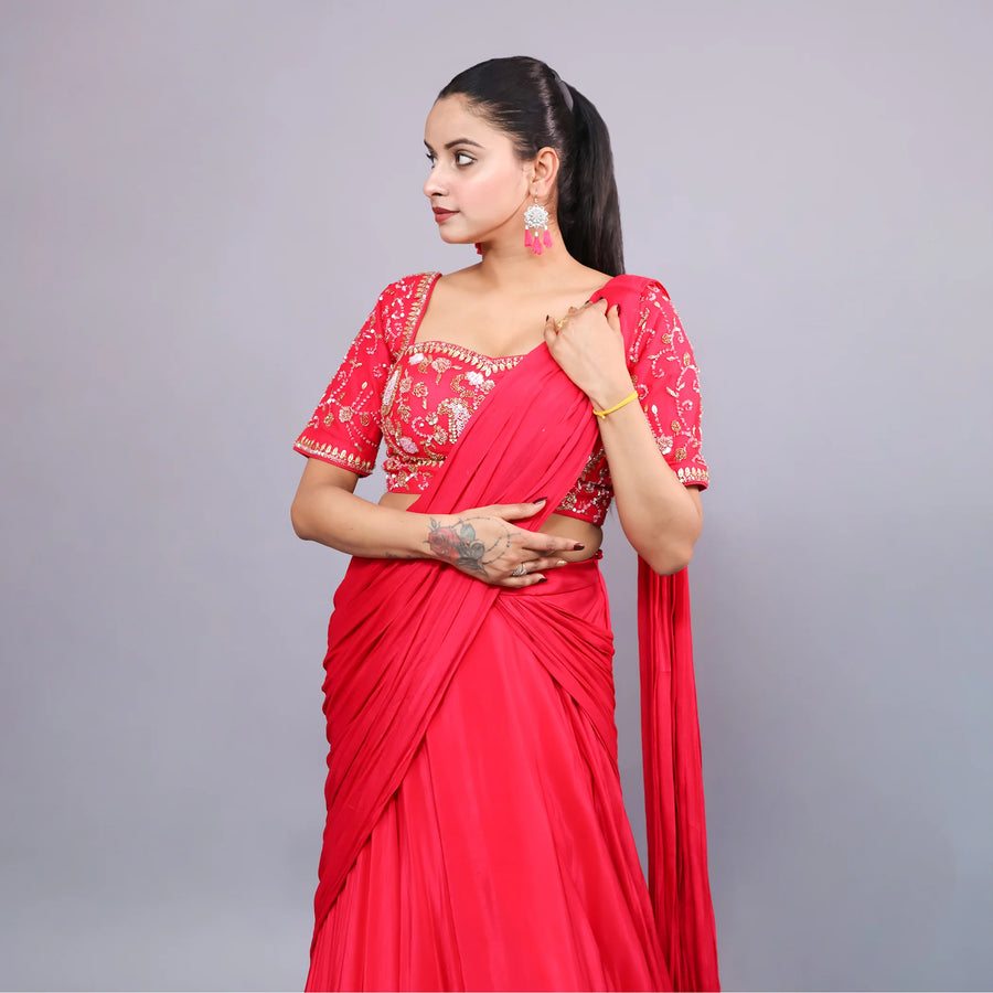 Coral Pink Crop Top Skirt with Drape Dupatta- Vastrachowk