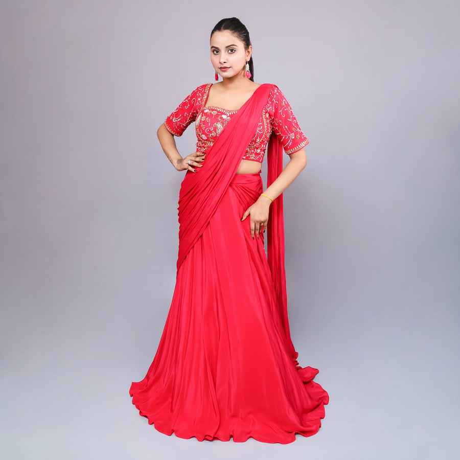 Coral Pink Crop Top Skirt with Drape Dupatta- Vastrachowk