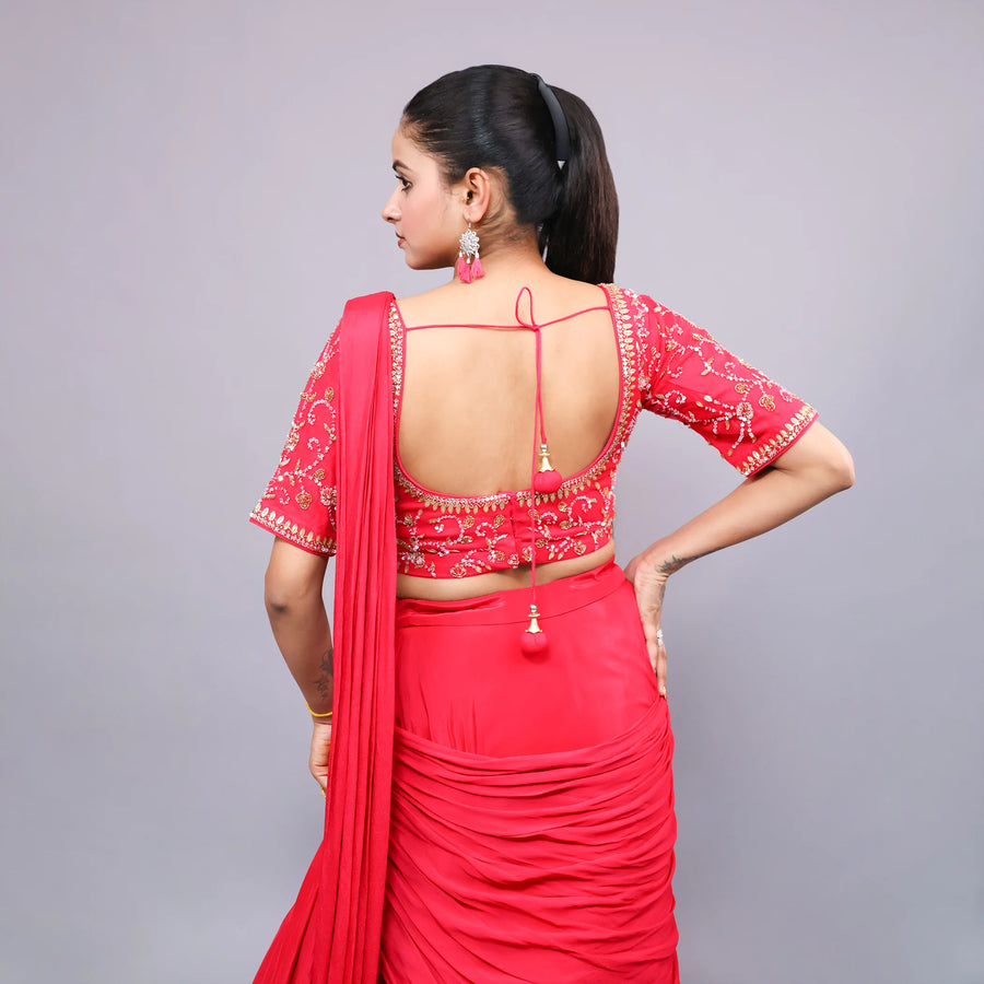 Coral Pink Crop Top Skirt with Drape Dupatta- Vastrachowk
