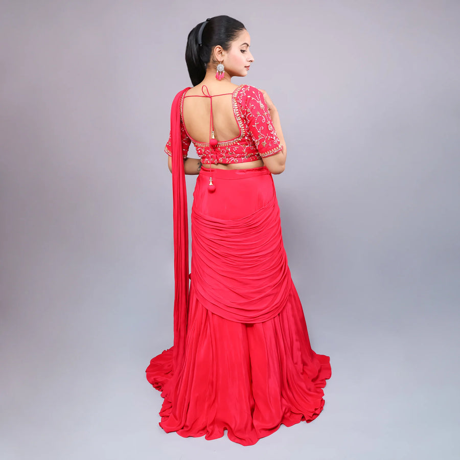 Coral Pink Crop Top Skirt with Drape Dupatta- Vastrachowk