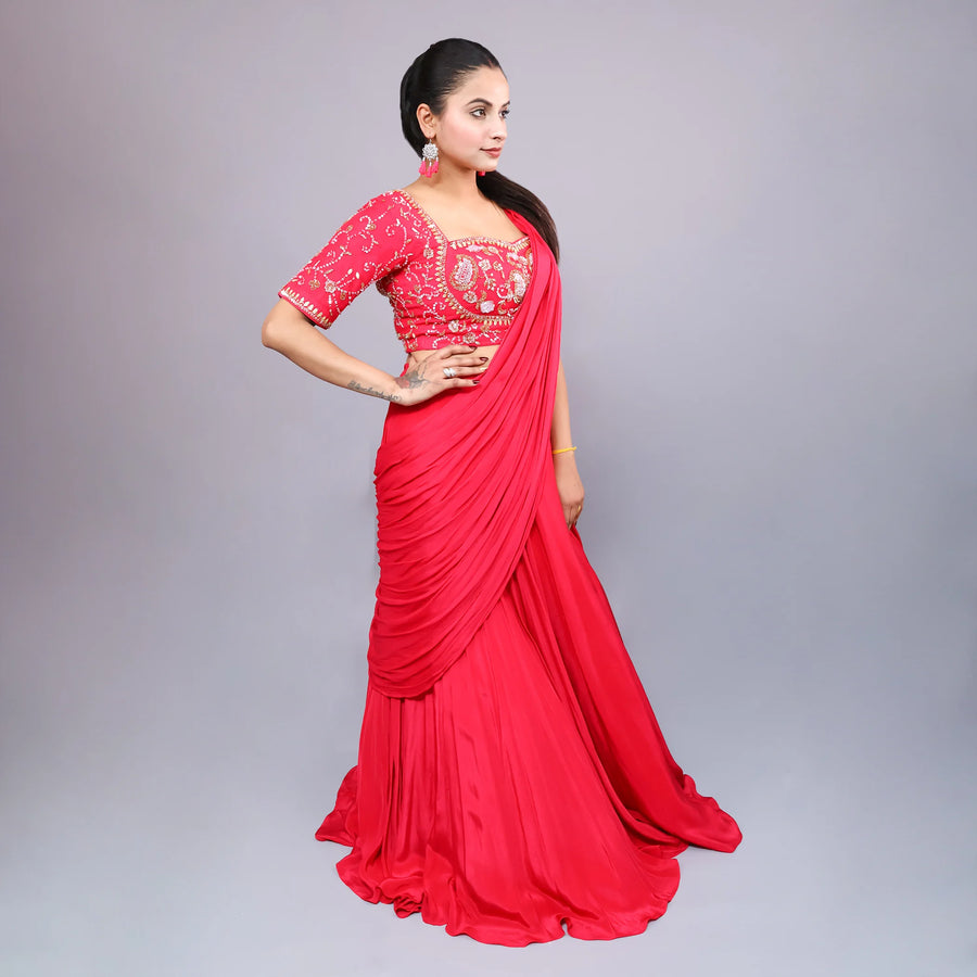 Coral Pink Crop Top Skirt with Drape Dupatta- Vastrachowk