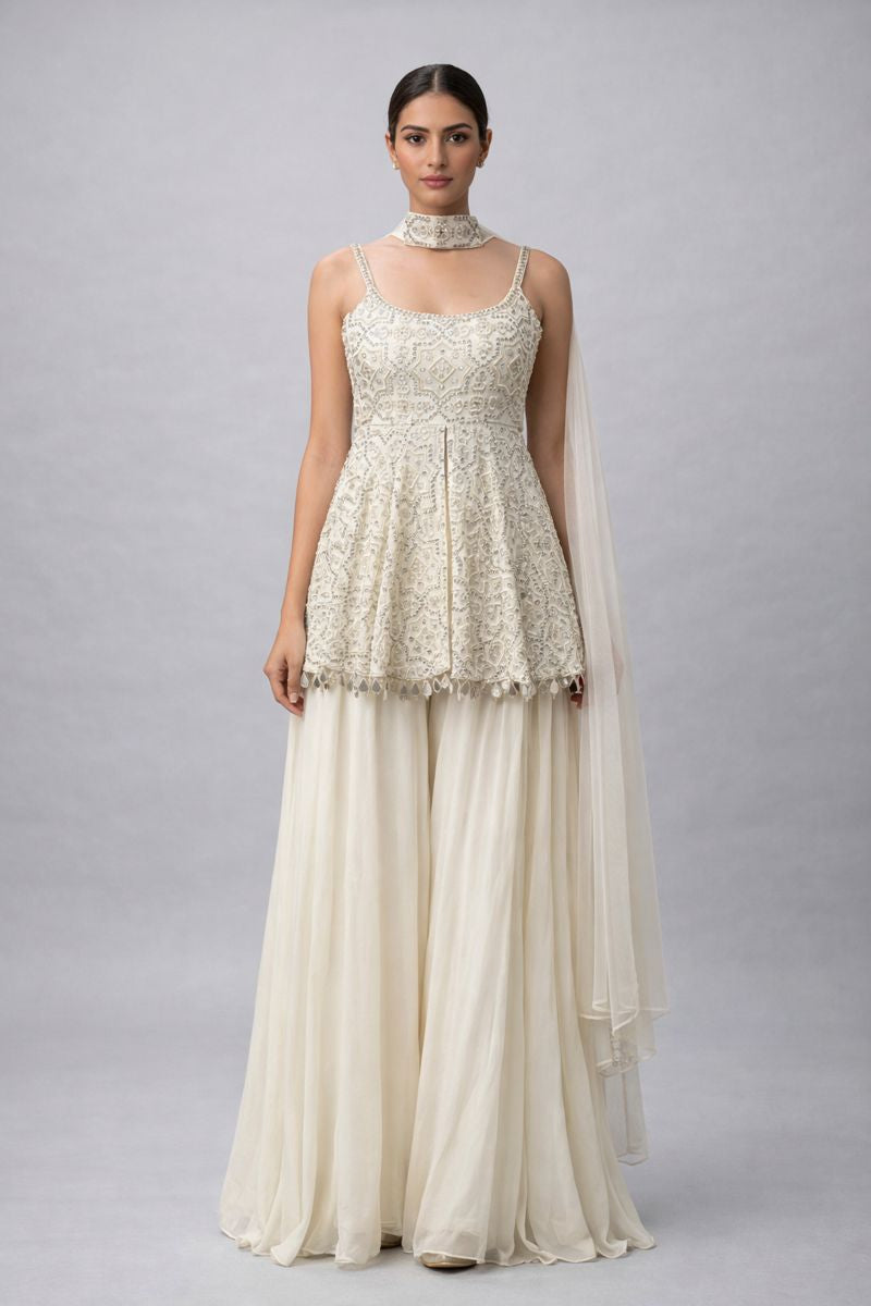  Cream Peplum Style Sharara Suit 