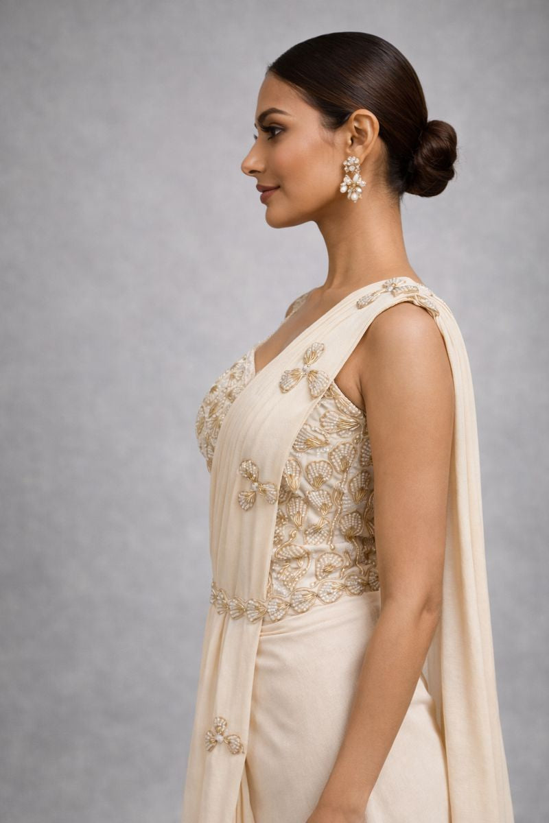 Cream Pre Drape Saree 