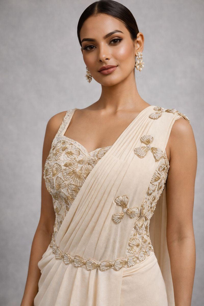 Cream Pre Drape Saree 