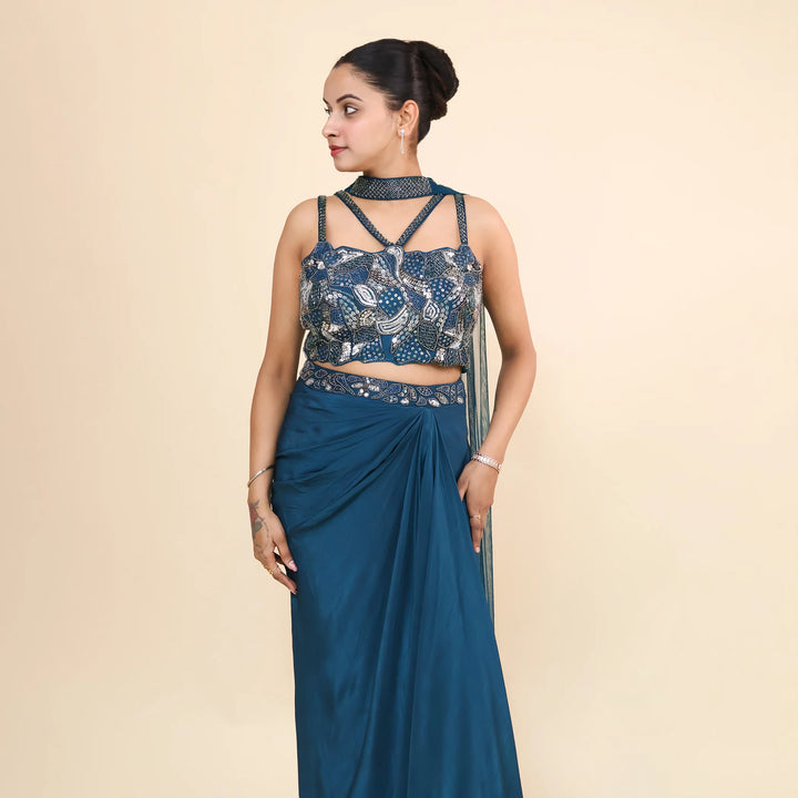 Crop Top Dhoti Set with Choker Dupatta-Vastrachowk
