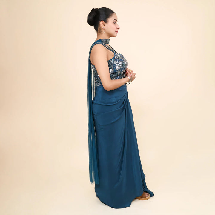 Crop Top Dhoti Set with Choker Dupatta-Vastrachowk