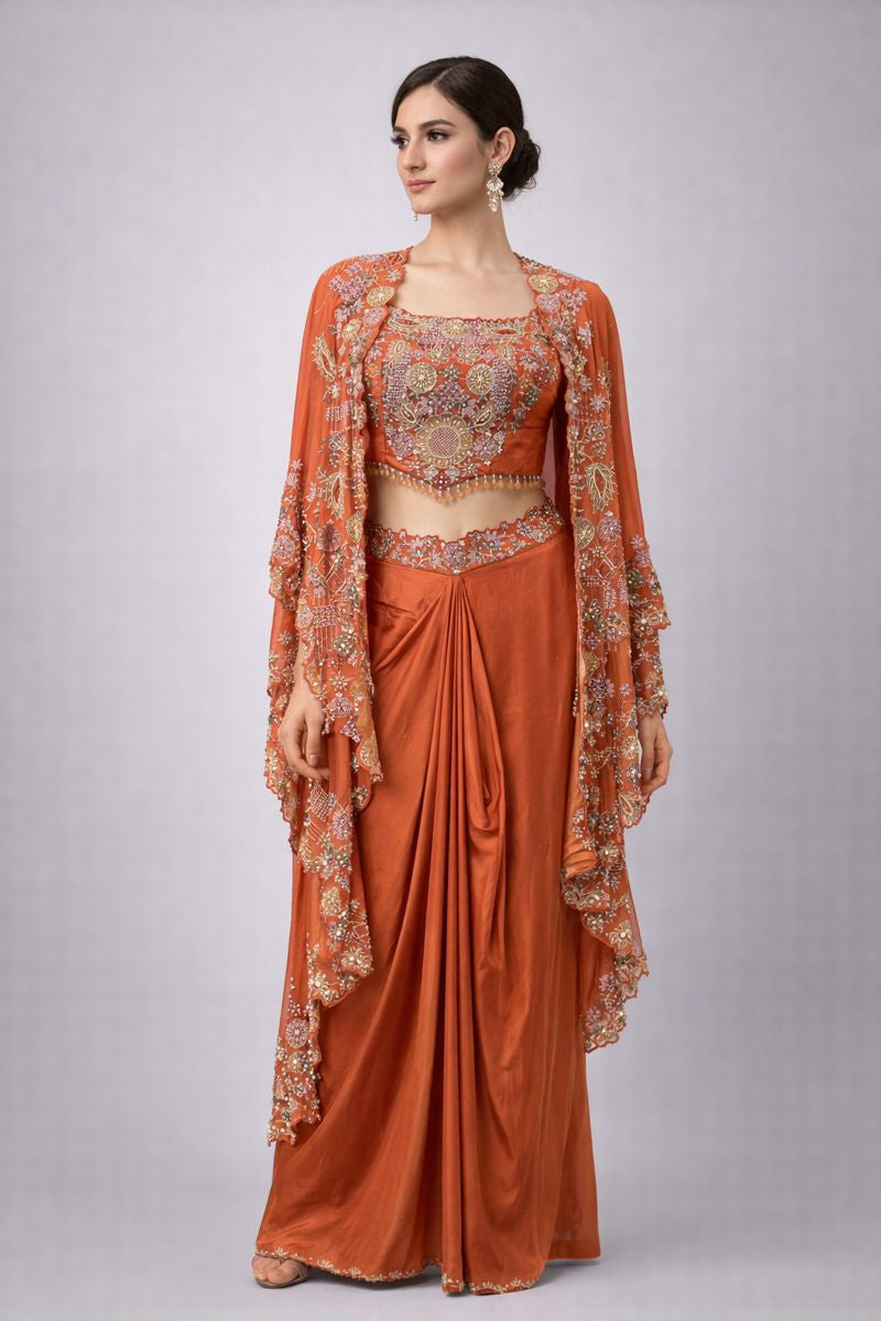 Crop Top Dhoti Style With Detachable Cape 