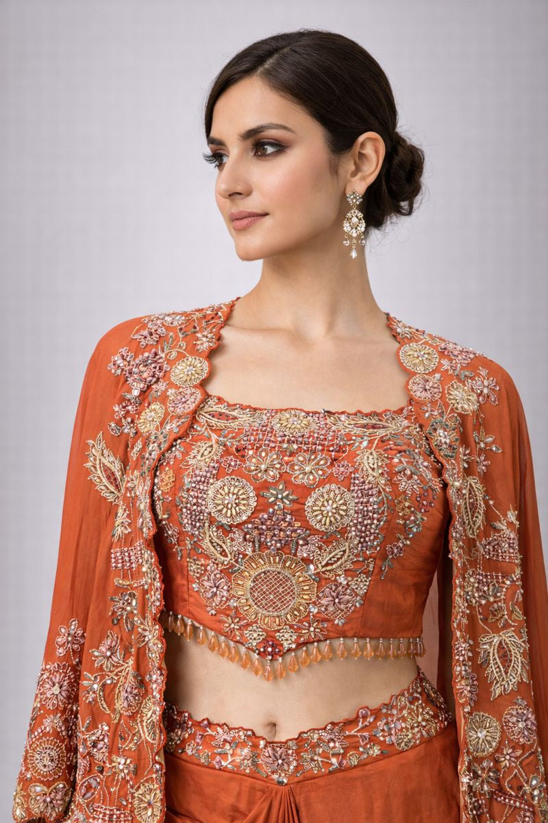 Crop Top Dhoti Style With Detachable Cape 